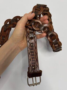 Vintage brown leather hand stamped bohemian western link belt